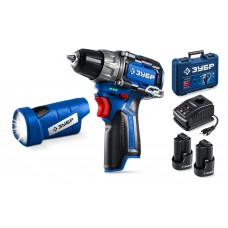 Набор: дрель-шуруповерт + LED фонарь 12 В 45 Н·м 2 АКБ тип Т7 2 А·ч BRUSHLESS кейс Профессионал ЗУБР КОМПАКТ #4 DB-121-22F