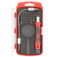 Отвертка с битами для точных работ, 33 CrV биты, гибкий переходник 175 мм, лупа, пластиковый бокс (56184)