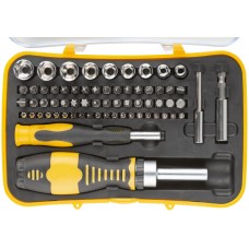 Отвертки реверсивная и для точных работ, набор 65 шт., пластиковый прорезиненный кейс (56387)