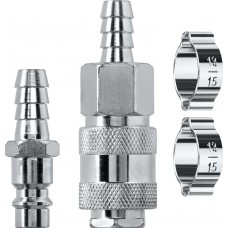 Набор (штуцер «елочка», 10 мм — рапид муфта) + (рапид штуцер-штуцер «елочка», 10 мм) + (обжимные хомуты 2 шт) KRAFTOOL 06599-10-H