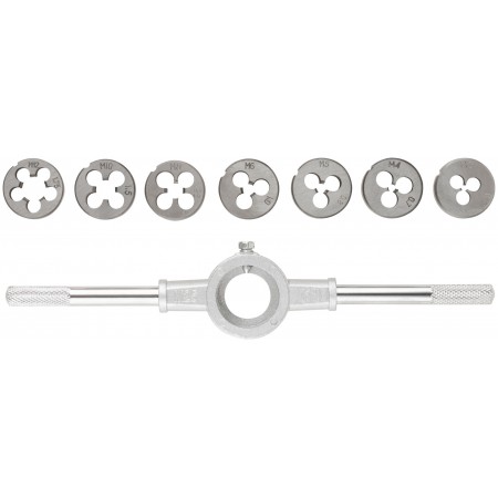 Плашки метрические, легированная сталь Профи 8 шт. М3-М12, плашкодержатель, блистер (70803)