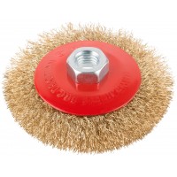 Корщетка-колесо с наклоном, гайка М14, стальная волнистая латунированная проволока 100 мм (39021)