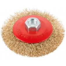 Корщетка-колесо с наклоном, гайка М14, стальная волнистая латунированная проволока 100 мм (39021)