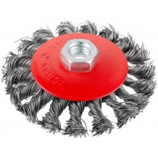 Корщетка-колесо с наклоном, гайка М14, стальная витая проволока 100 мм, блистер (39087)