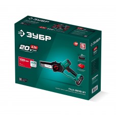 ЗУБР 20 В, 100 мм шина, 1 АКБ LMS (2 Ач), мини-пила цепная аккумуляторная (ПЦА-2010-21)