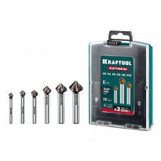 KRAFTOOL EXTREME Со5-А, 6 шт (6.3, 8.3, 10.4, 12.4, 16.5, 20.5 мм), Z3, 90°, сталь M35, U-образная спираль, набор зенковок (29734-H6)