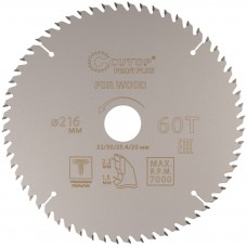 Диск пильный по дереву с тефлоновым покрытием 60Т, CUTOP Profi plus, 216 х 1,5/2,2 х 32/30/25,4/20 мм (75-21660Т)