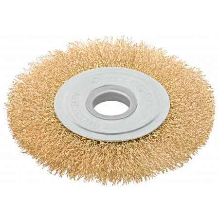 Корщетка-колесо, посадочный диаметр 22,2 мм, стальная латунированная волнистая проволока 125 мм, блистер (39076)