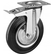 Колесо поворотное с тормозом d 200 мм, г/п 185 кг, игольчатый подшипник, резина/металл ЗУБР Профессионал 30936-200-B