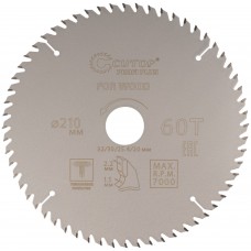 Диск пильный по дереву с тефлоновым покрытием 60Т, CUTOP Profi plus, 210 х 1,5/2,2 х 32/30/25,4/20 мм (75-21060Т)