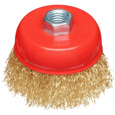 Корщетка-чашка, гайка М14, стальная латунированная волнистая проволока 75 мм, блистер (39092)