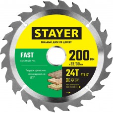 Диск пильный по дереву Fast, 200 x 32/30 мм, 24Т, быстрый рез STAYER 3680-200-32-24_z01