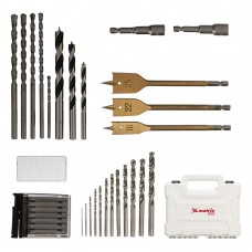 Набор сверл комбинированный, сверла по металлу 1-6.5 мм, бетону 4-8 мм, дереву 4-10 мм, перовые 16,22,25 мм, биты 20 шт, адаптер, головки 2 шт, зенковка, 50 предметов Pro Matrix (725650)