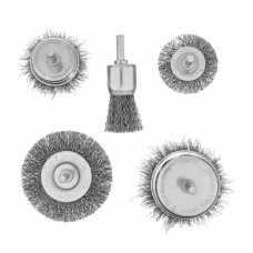 Набор щеток для дрели, 2 Плоские 50-75мм, 3 Чашки 25-50-75мм, шпилька, нерж.вит. проволока Denzel (74493)