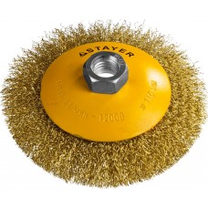 Щетка-крацовка коническая для УШМ 115 мм, витая стальная латунированная проволока 0.3 мм Professional STAYER 35133-115