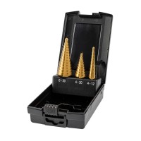 Набор свёрл ступенчатых, 3 пр., HSS TiN, Gr.1/2/3, O4-12, 4-20, 6-30 мм, прямая канавка, трёхплоскостной хвостовик (ZA-05351)