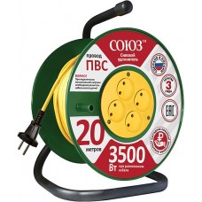 Удлинитель силовой на катушке, 4 гнезда, без заземления, СОЮЗ, ПВС (2х1,5 мм) 3500 Вт, 50 м (83175)
