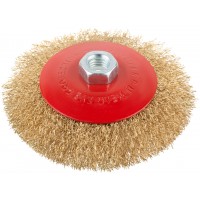 Корщетка-колесо с наклоном, гайка М14, стальная волнистая латунированная проволока 125 мм (39023)