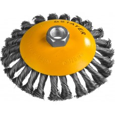 Щетка-крацовка коническая для УШМ 125 мм, жгутированная стальная проволока 0.5 мм Professional STAYER 35135-125