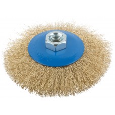 Корщетка, тип колесо с наклоном, гайка М14, стальная волнистая латунированная проволока 115 мм (38927М)