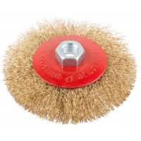 Корщетка-колесо с наклоном, гайка М14, стальная волнистая латунированная проволока 115 мм (39022)