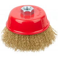 Корщетка-чашка, гайка М14, стальная латунированная волнистая проволока 100 мм (39270)