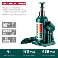 Домкрат бутылочный двухштоковый 4 т, 170 - 420 мм с увеличенным подъемом DOUBLE RAM KRAFTOOL 43463-4