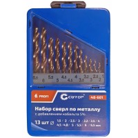 Набор сверл по металлу с кобальтом 5% в металлической коробке; 1,5-6,5 мм (через 0,5 мм + 3,2 мм; 4,8 мм), 13 шт., Cutop Profi (48-601)