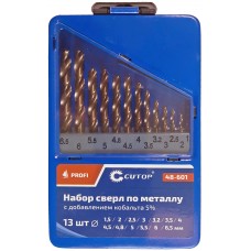 Набор сверл по металлу с кобальтом 5% в металлической коробке; 1,5-6,5 мм (через 0,5 мм + 3,2 мм; 4,8 мм), 13 шт., Cutop Profi (48-601)