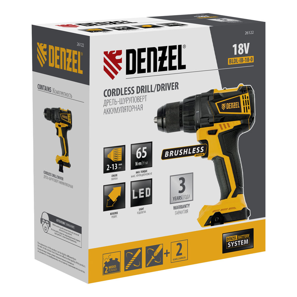Дрель-шуруповерт аккумуляторная, бесщет. BLDL-IB-18-0, Li-Ion, 18 В Denzel (26122)