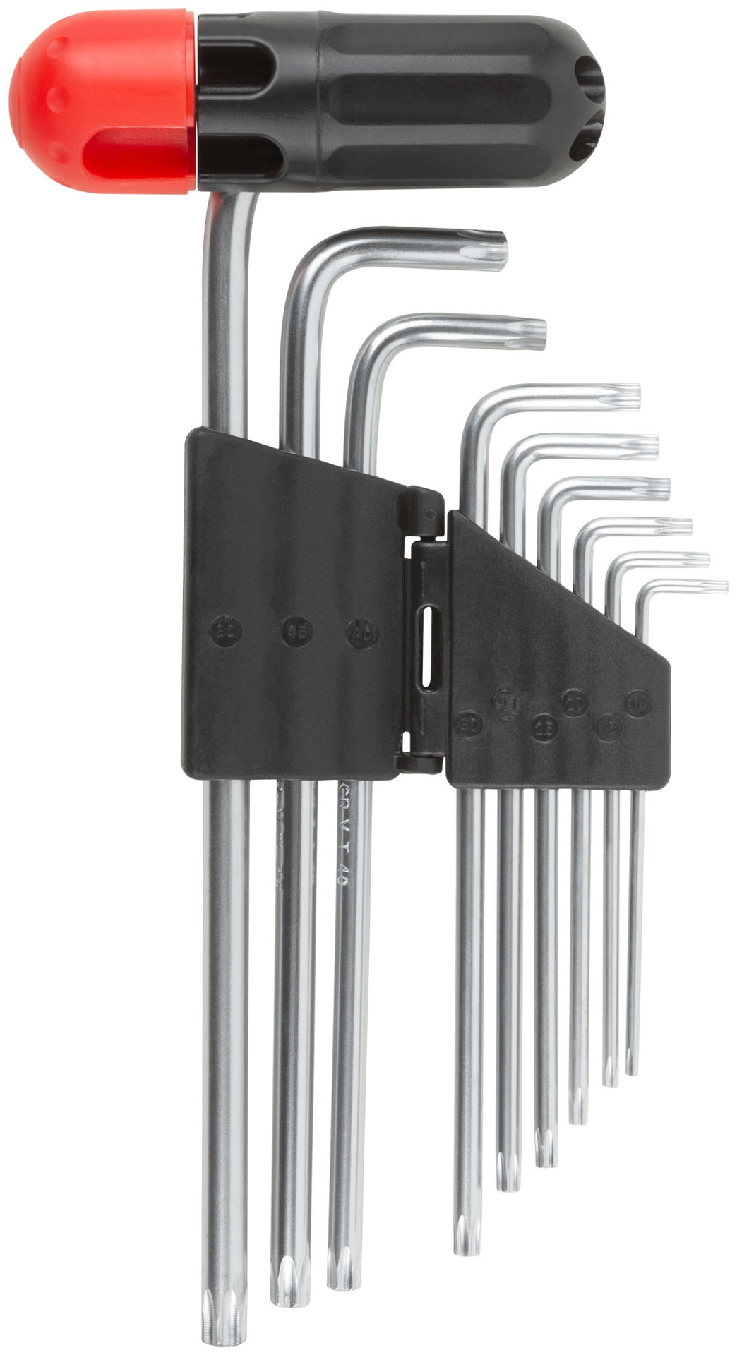 Ключи TORX 9 шт. CrV Т10-Т50, с отверстием, длинные, с пласт.Т-обр.ручкой, Профи