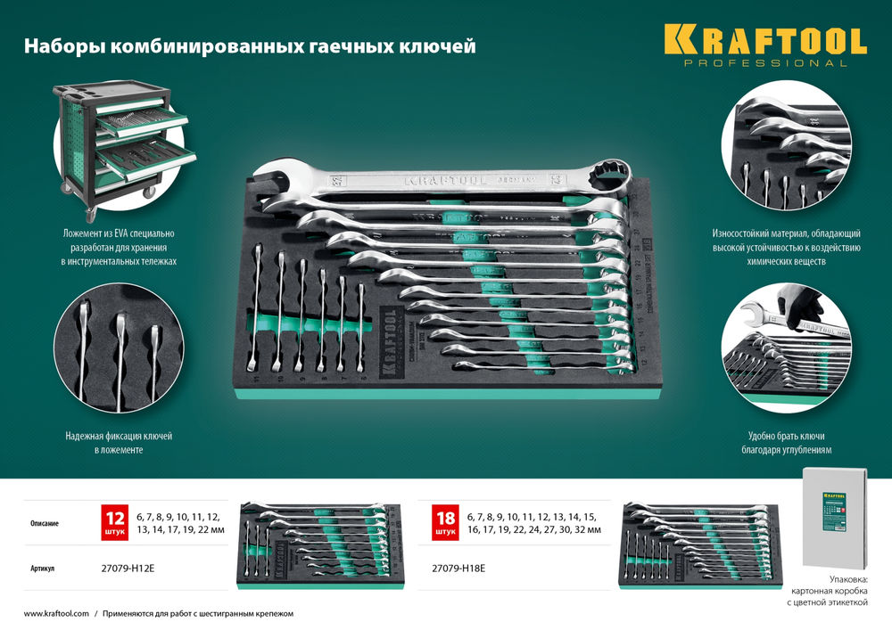 Набор ключей гаечных комбинированных 6 - 22 мм, 12 шт KRAFTOOL 27079-H12E