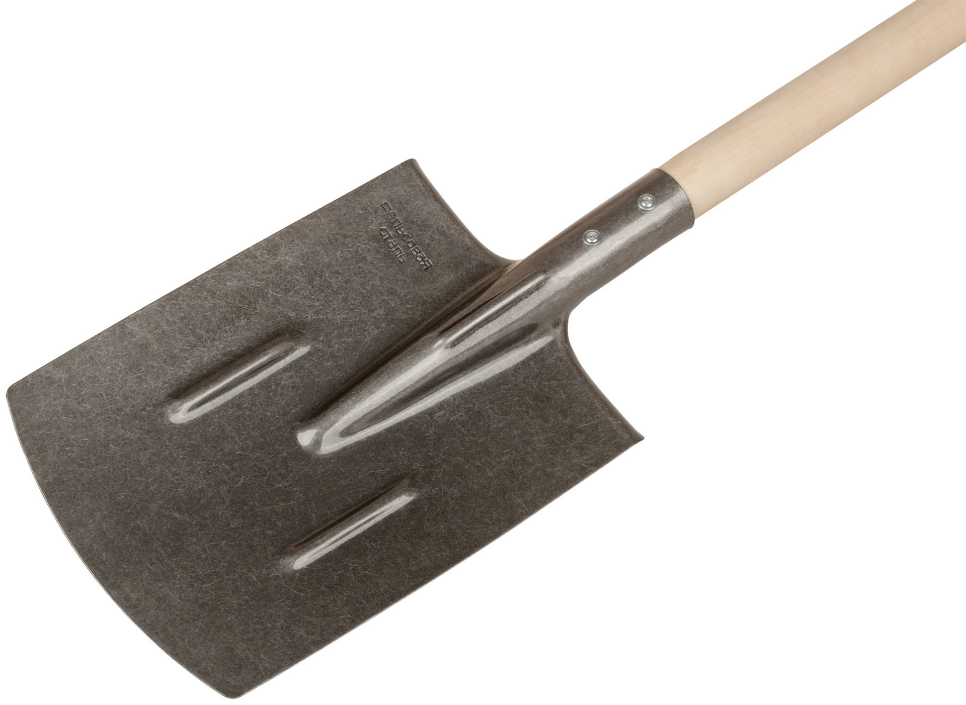 Лопата штыковая прямоугольная, рельсовая сталь, с деревянным черенком и V-ручкой 210х385х1440 мм (77191)