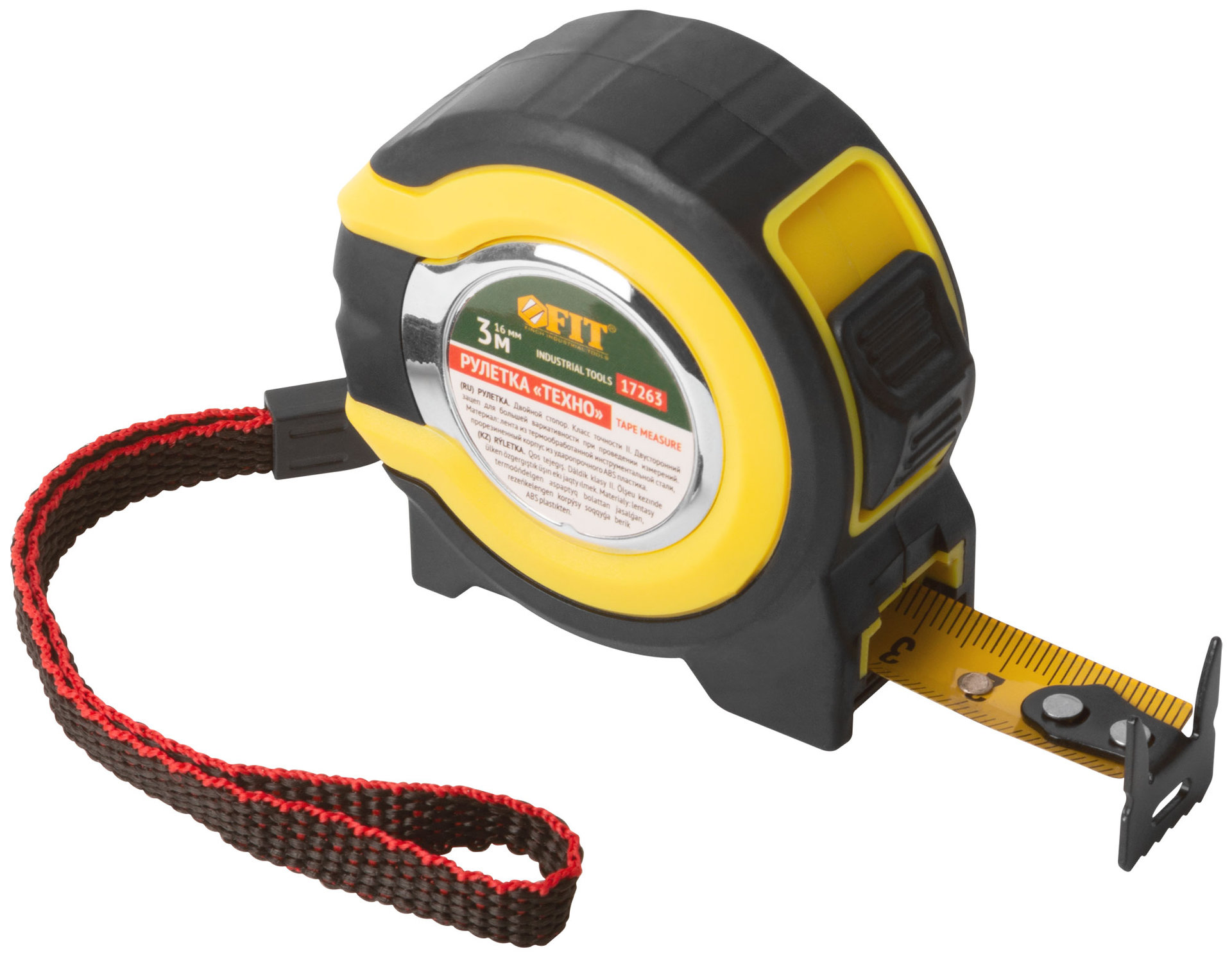 Рулетка прорезиненный корпус, двойной стопор Техно 3 м x 16 мм
