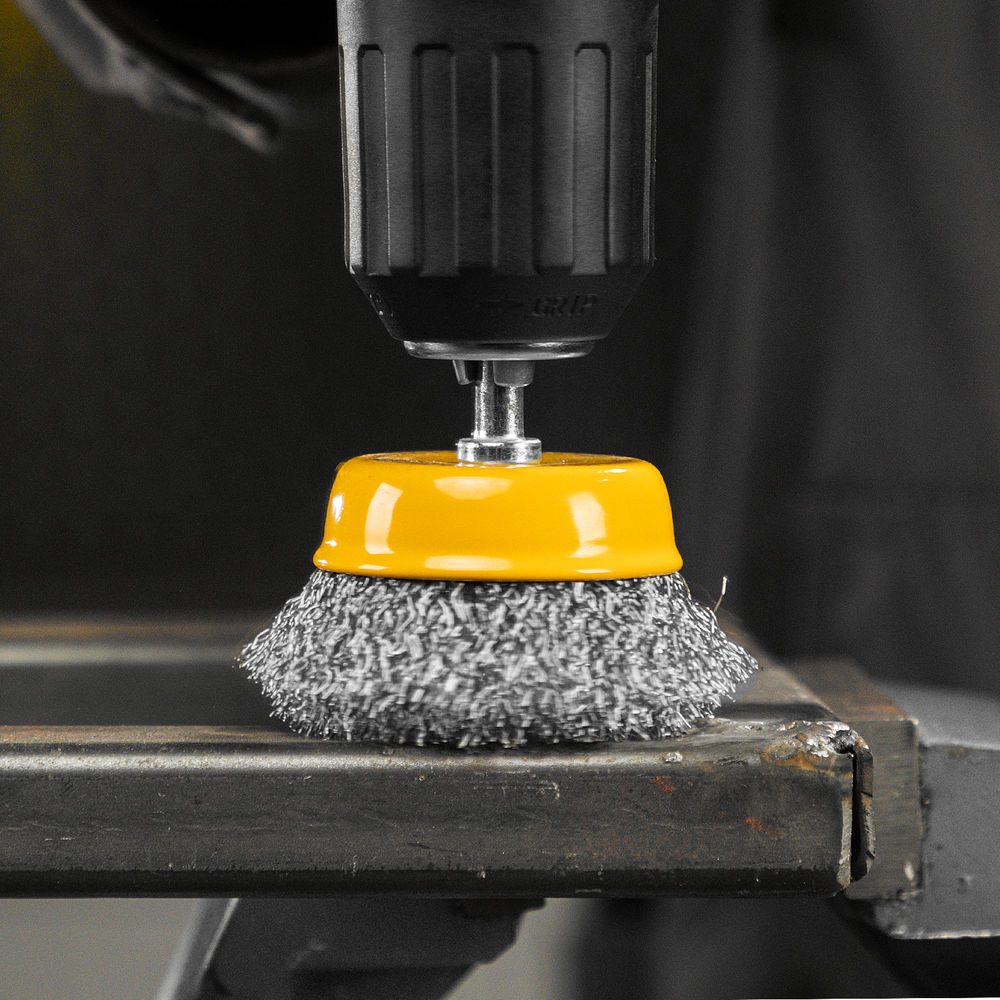 Щетка для дрели, 50 мм, Чашка, со шпилькой, нержавеющая витая проволока Denzel (744633)