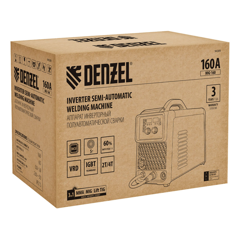 Аппарат инвертор. полуавтомат. сварки MIG-160, 160 А, ПВ 60%, катушка 5 кг// Denzel (94309)