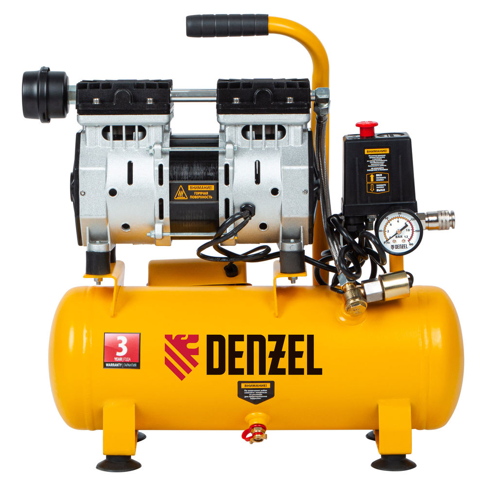 Компрессор DLS650/10 безмаслянный малошумный 650 Вт, 120 л/мин, ресивер 10 л Denzel (58021)