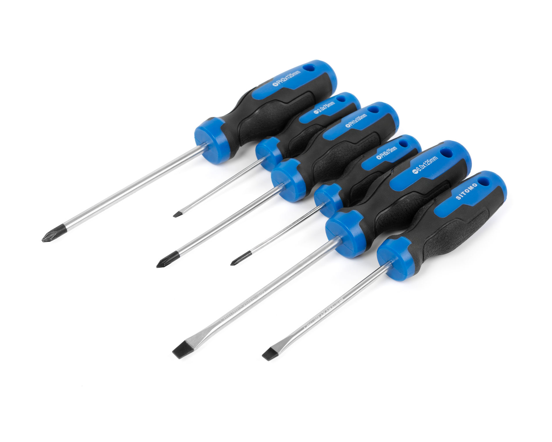 Набор отверток 6 штук (SL3x75mm, SL5x100mm, SL6х125mm; PH0x75mm, PH1x100mm, PH2x125mm) CrV SITOMO