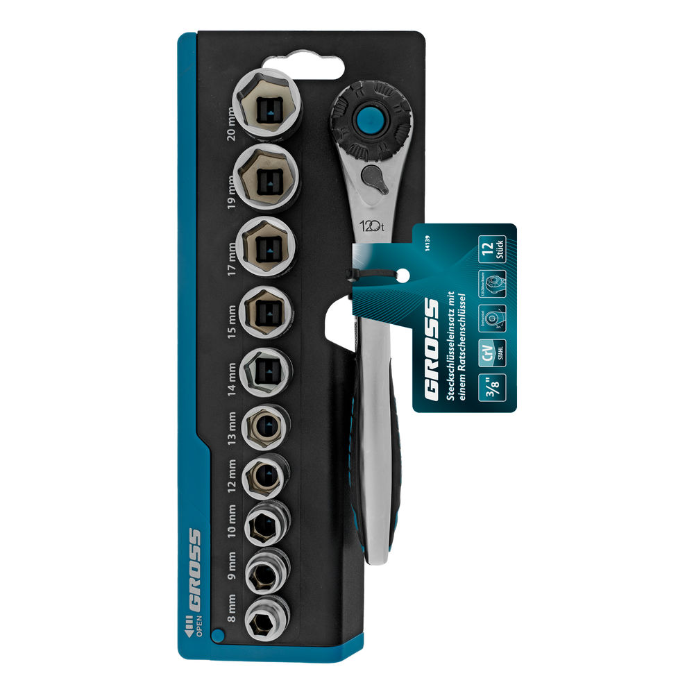 Набор торцевых головок, трещотка 120 зубьев, 3/8, CrV, 12 предметов Gross