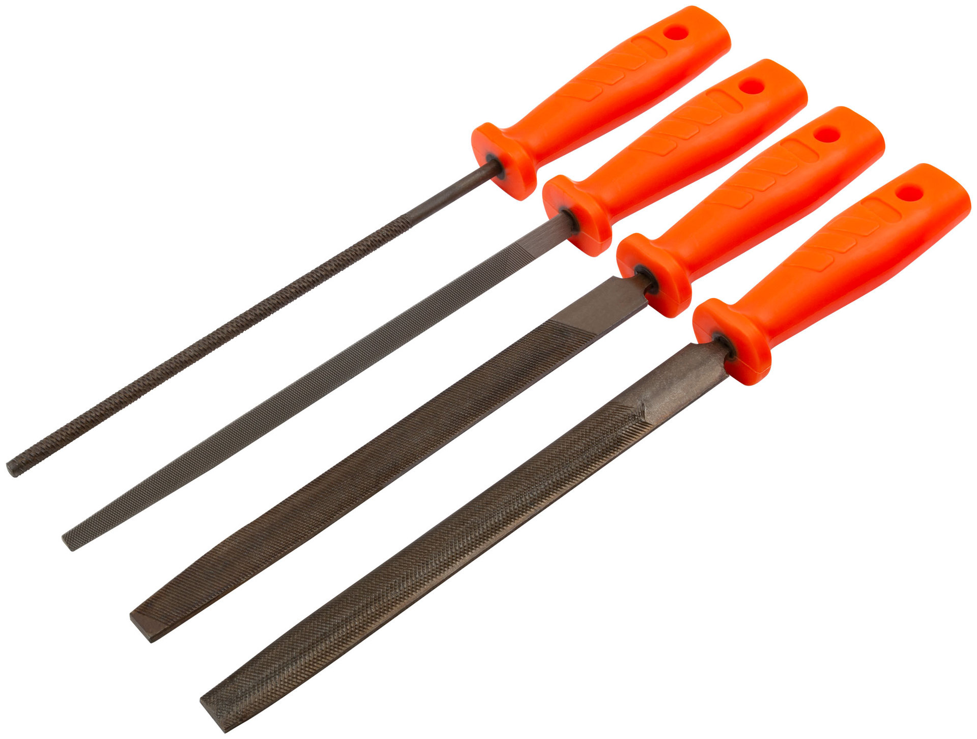 Напильники, пластиковая ручка, набор 4 шт. ( трехгранный, плоский, круглый, полукруглый ) 200 мм (42705)