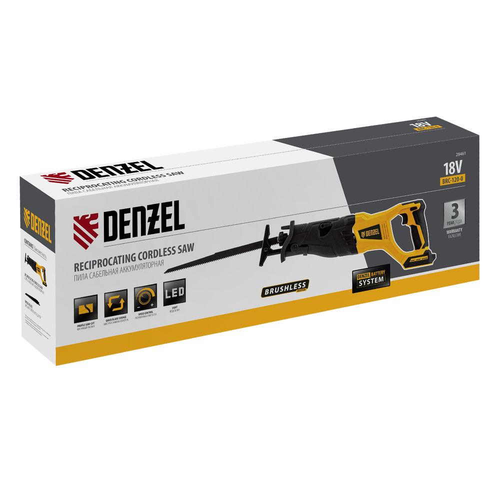Пила сабельная аккумуляторная бесщет BRC-120-0, 18В Li-Ion Denzel (28461)