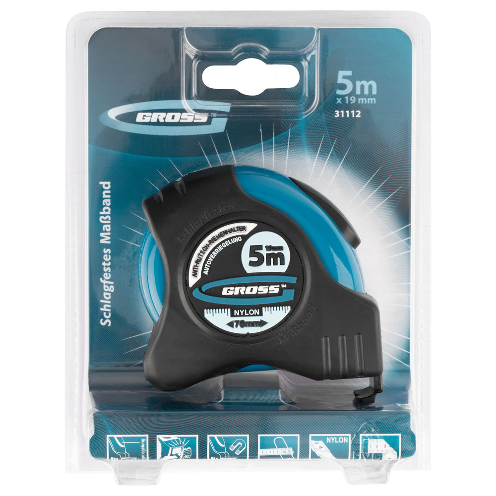 Рулетка Schlagfest,5 м x 19 мм,магнитный обрезиненный зацеп,двусторонняя шкала,Нейлоновое покрытие,автоматическая фиксация Gross