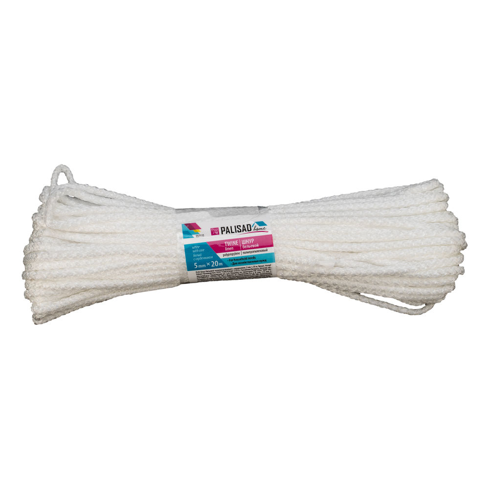 Шнур бельевой полипропиленовый с сердечником, 5 мм L 20 м, белый, Home Palisad (937115)