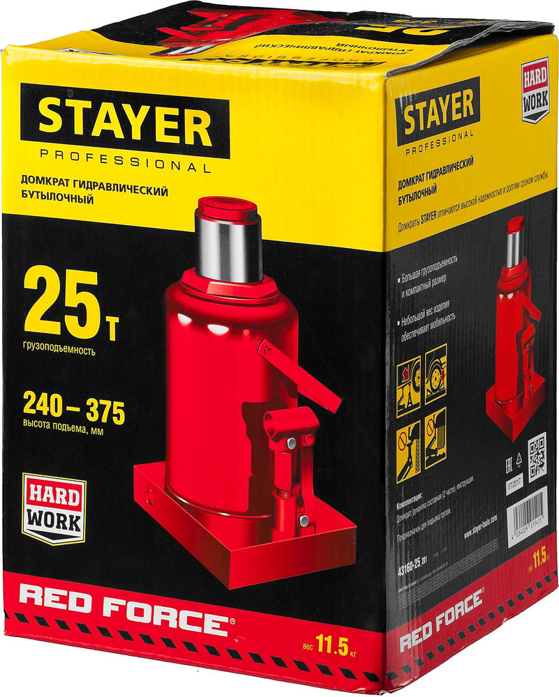 Домкрат бутылочный гидравлический 25 т, 240 - 375 мм RED FORCE Professional STAYER 43160-25