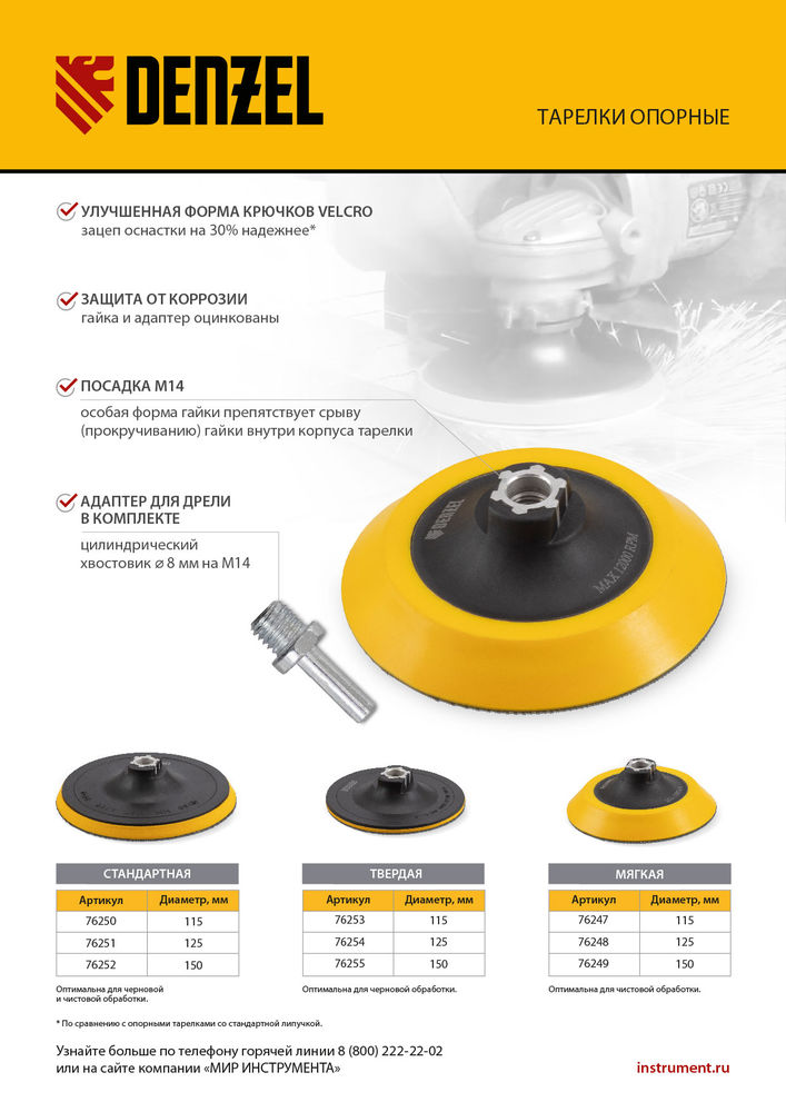 Тарелка опорная для дрели и УШМ с липучкой, 115 мм, мягкая, с адаптером c М14 на d8 Denzel (76247)