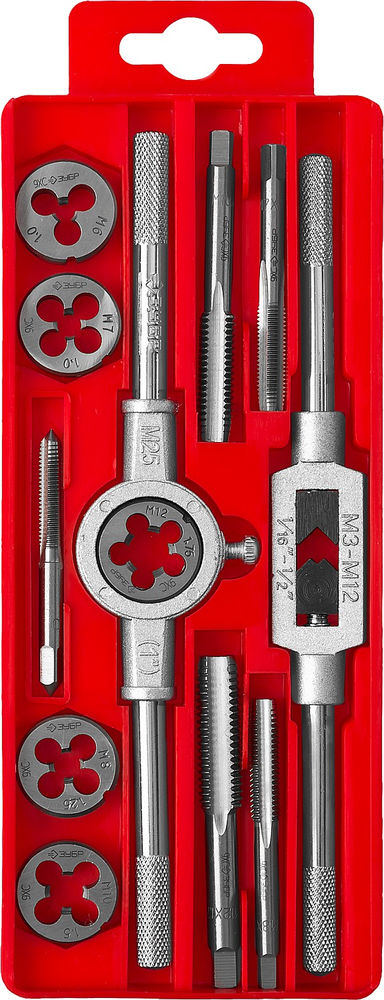 Набор метчиков и плашек 12 предм. сталь 9ХС в пластиковом боксе ЗУБР 28121-H12