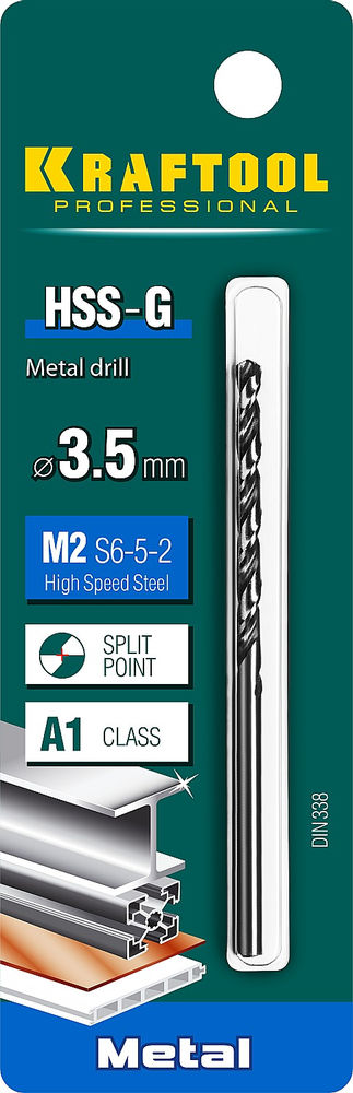 Сверло по металлу 3.5 х 70 мм сталь P6M5 HSS-G KRAFTOOL 29651-3.5