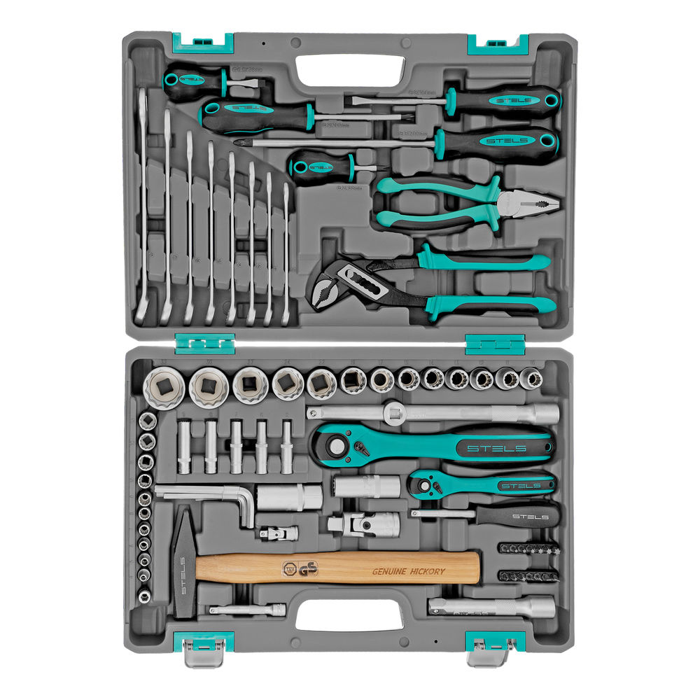 Набор инструментов, 1/2, 1/4, CrV, 12 гранные головки, пластиковый кейс, 76 предметов Stels