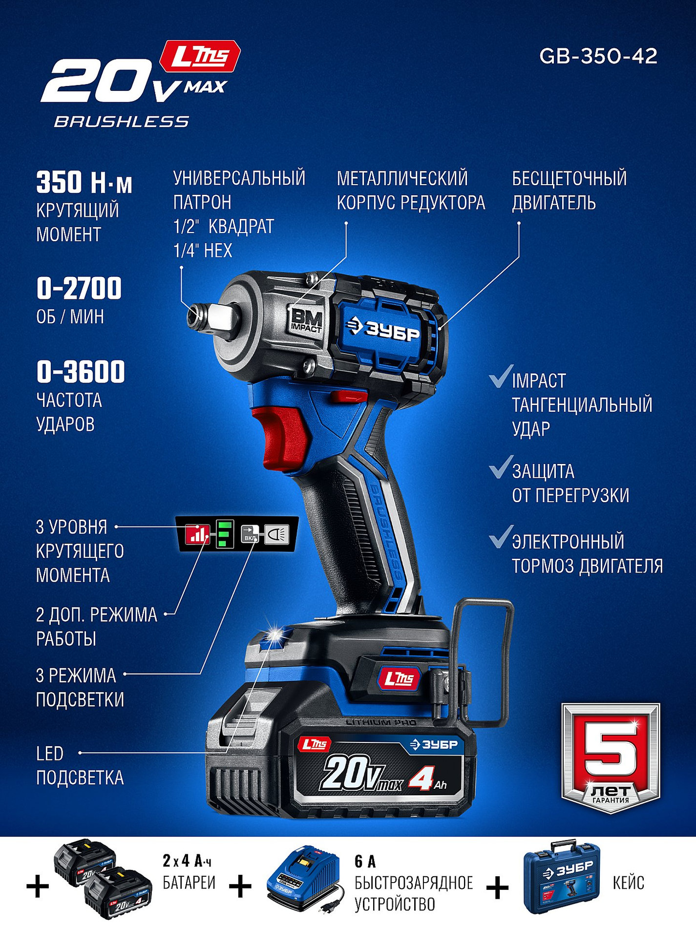 ЗУБР 20 В, 350 Н·м, 2 АКБ LMS (4 А·ч), бесщеточный ударный гайковерт, кейс, ПРОФЕССИОНАЛ (GB-350-42)