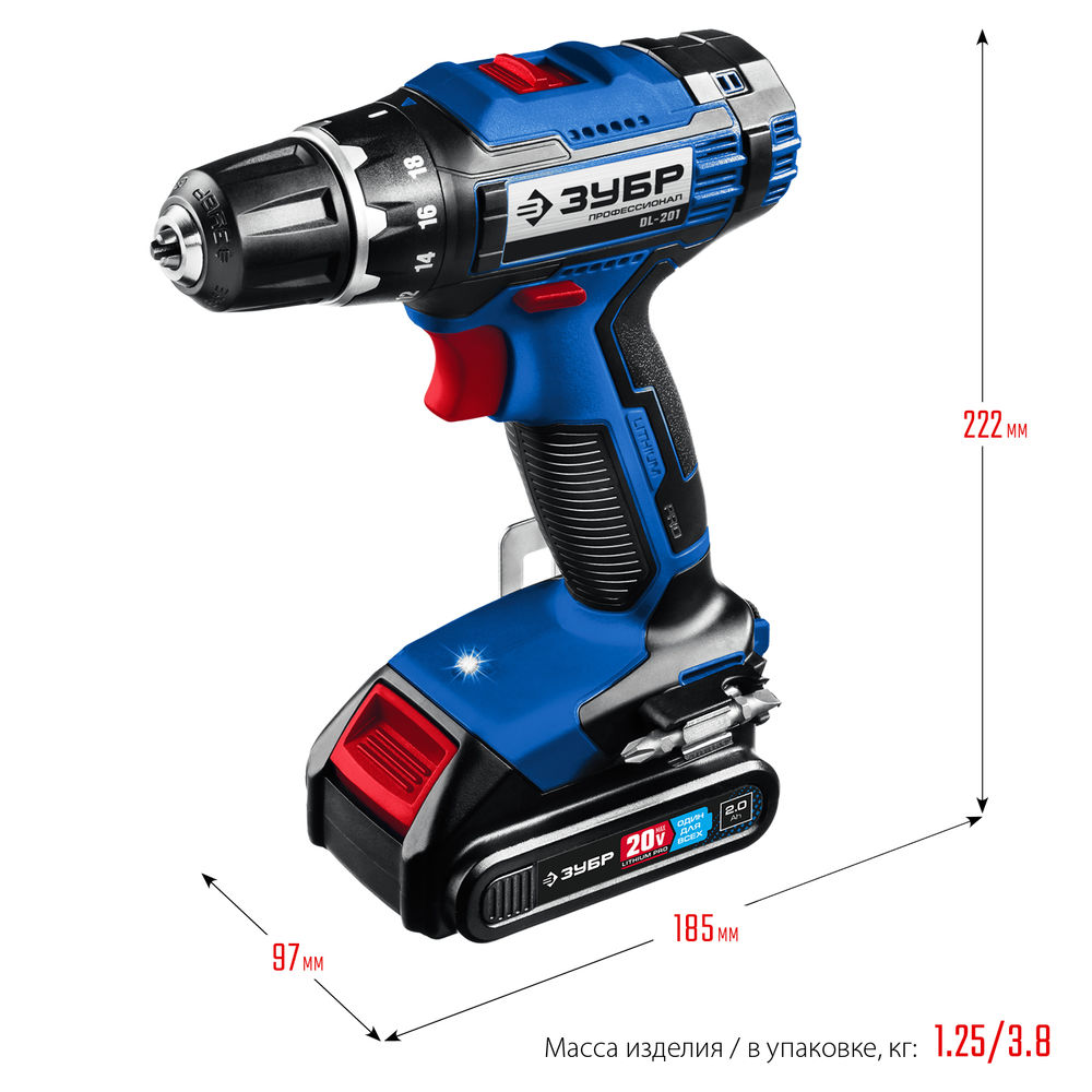 Дрель-шуруповерт 20 В 50 Н·м 2 АКБ 2 А·ч кейс Профессионал ЗУБР Т7 DL-201-22